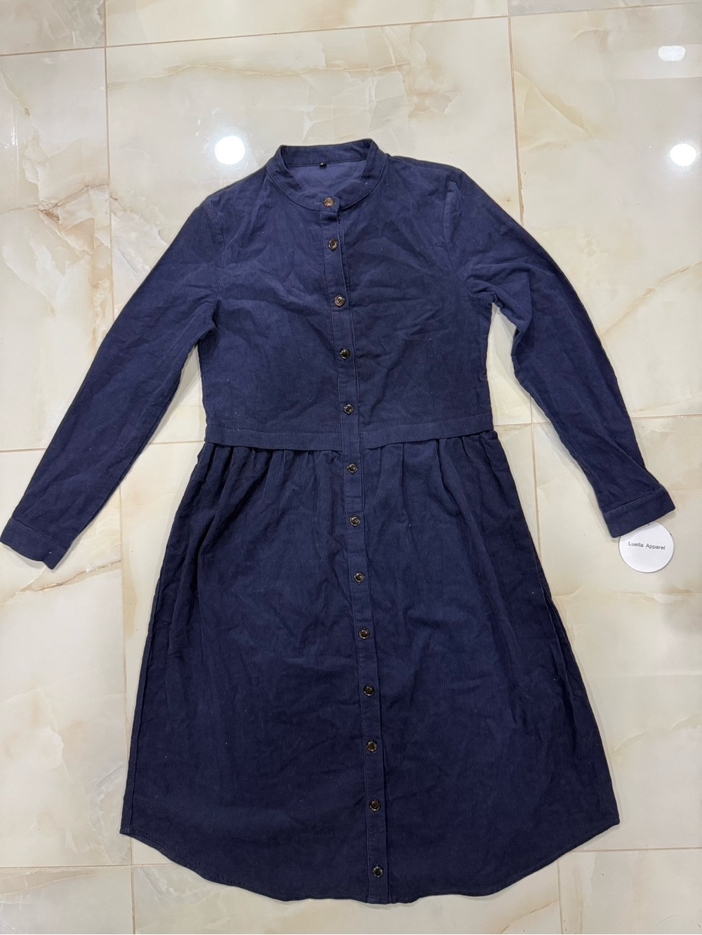 Women's Navy Button-Front Long-Sleeve Midi Dress